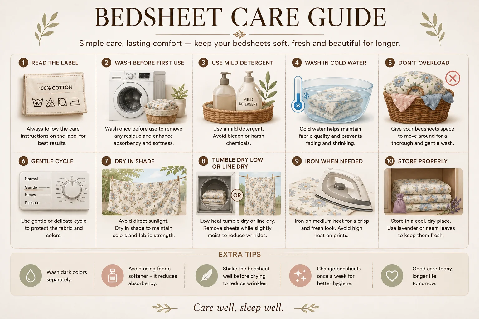 Bedsheet care guide — read the label, wash before first use, mild detergent, cold water wash, don't overload, gentle cycle, dry in shade, tumble dry low or line dry, iron when needed, store properly