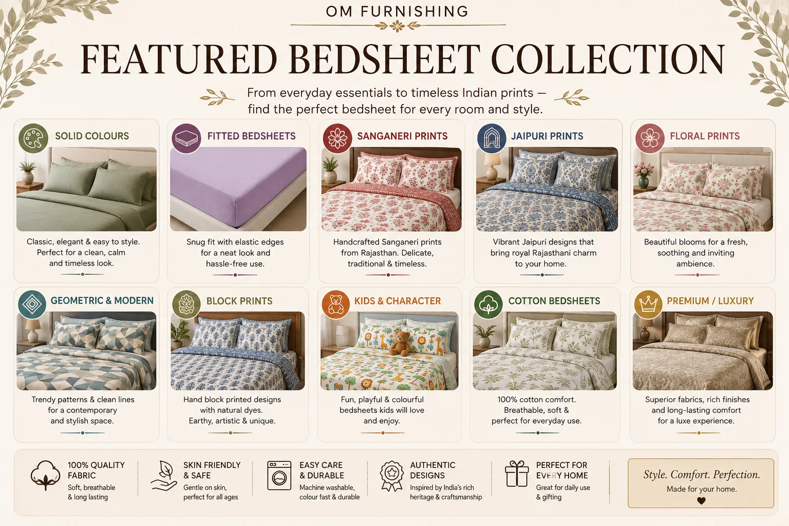 OM Furnishing featured bedsheet collection — solid colours, fitted, Sanganeri prints, Jaipuri prints, floral, geometric, block prints, kids, cotton and premium bedsheets