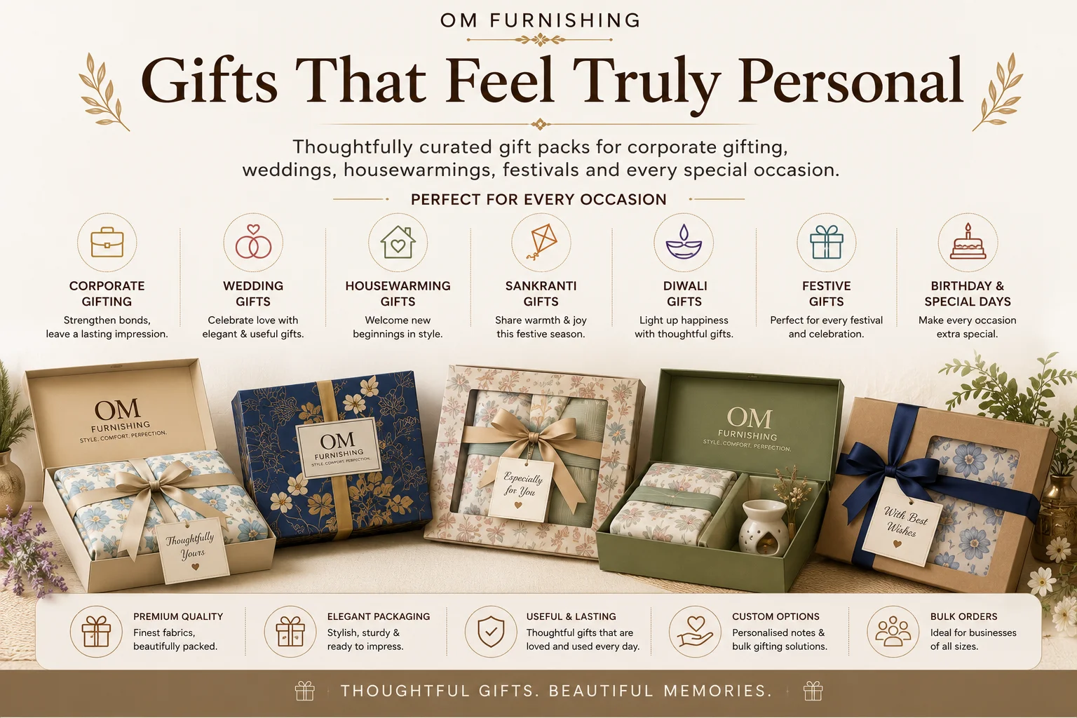 OM Furnishing bedsheet gift packs for corporate gifting, weddings, housewarmings and festive occasions