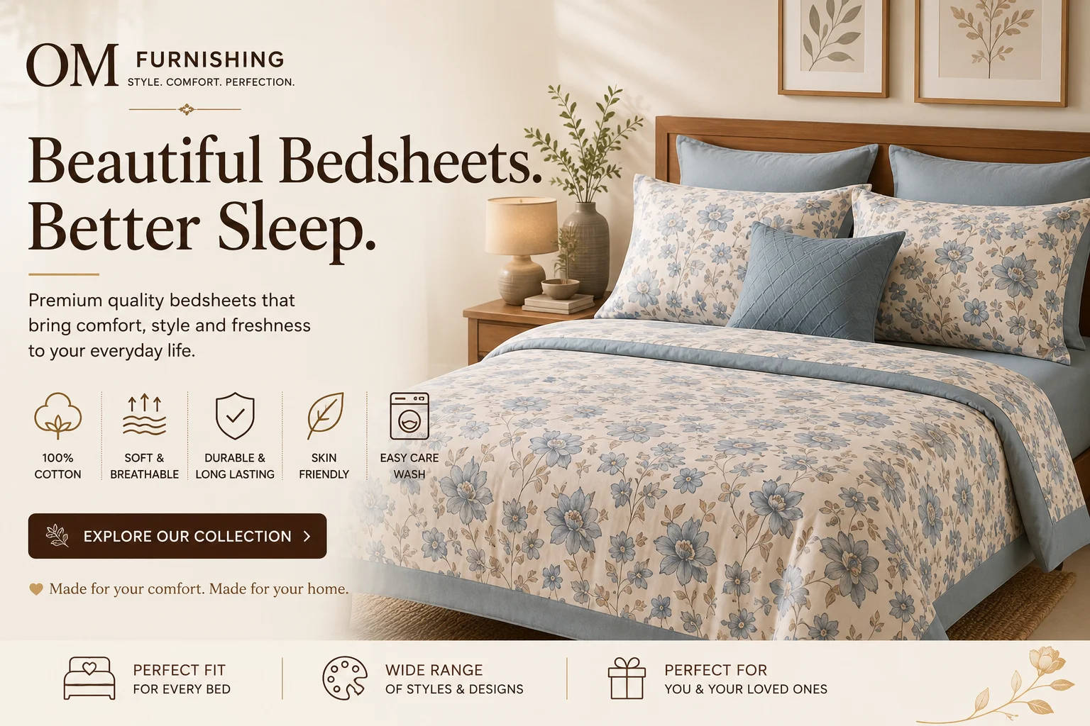 Premium cotton floral bedsheet with pillow covers by OM Furnishing Jaipur