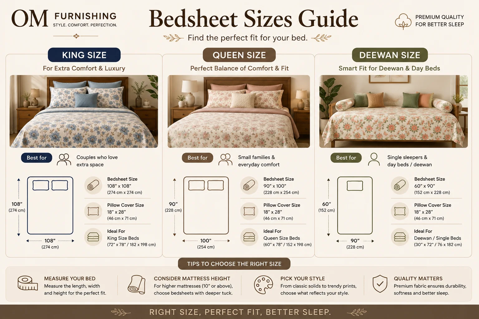 Bedsheet sizes guide — King size 108x108 inches, Queen size 90x100 inches, Diwan size 60x90 inches, with pillow cover dimensions