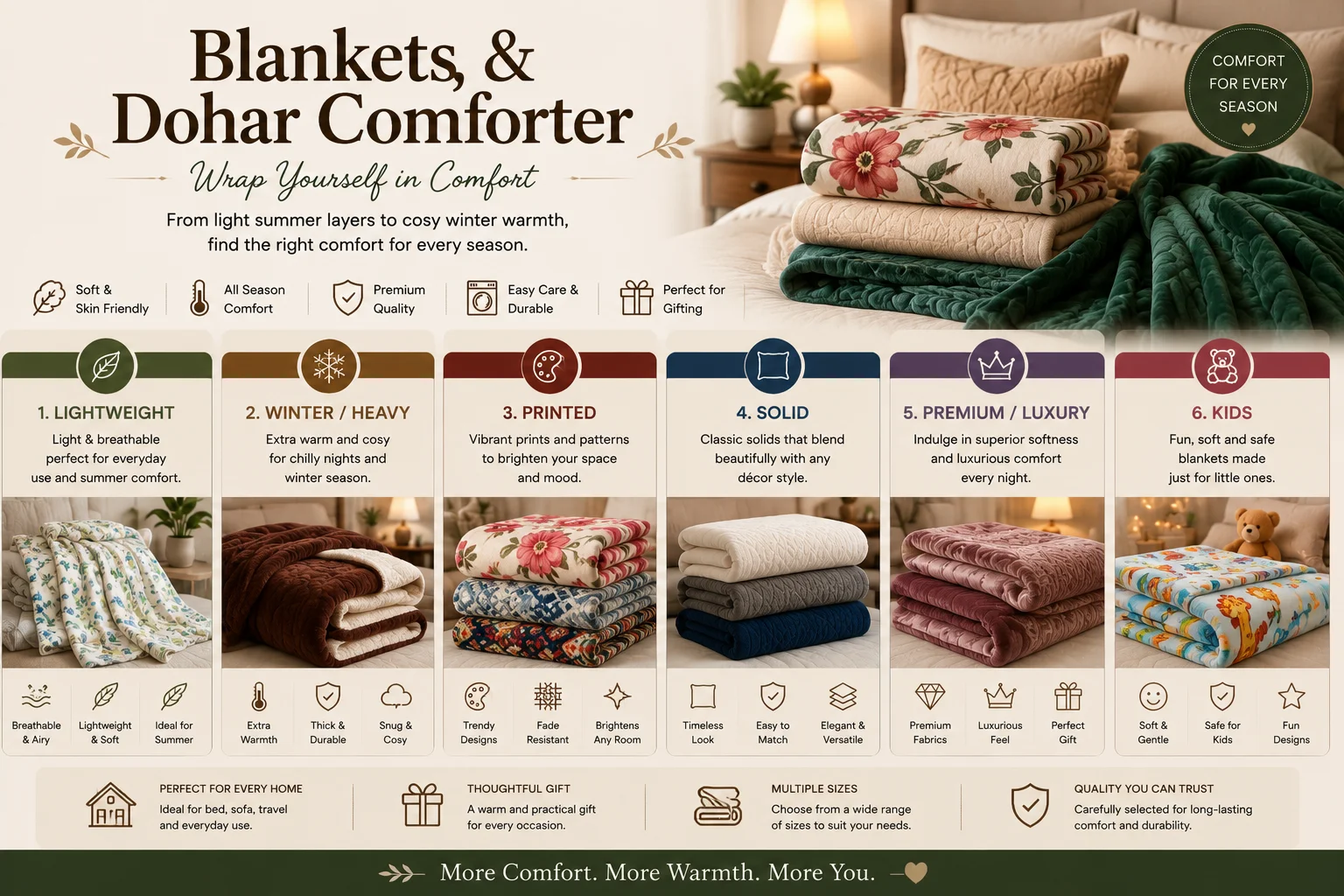 OM Furnishing blankets and dohar comforters — lightweight, winter, printed, solid, premium and kids options