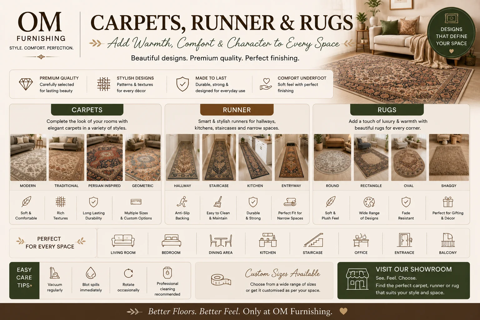 OM Furnishing carpets, runners and rugs — modern, traditional, Persian-inspired and geometric carpets, hallway and staircase runners, round, rectangle, oval and shaggy rugs