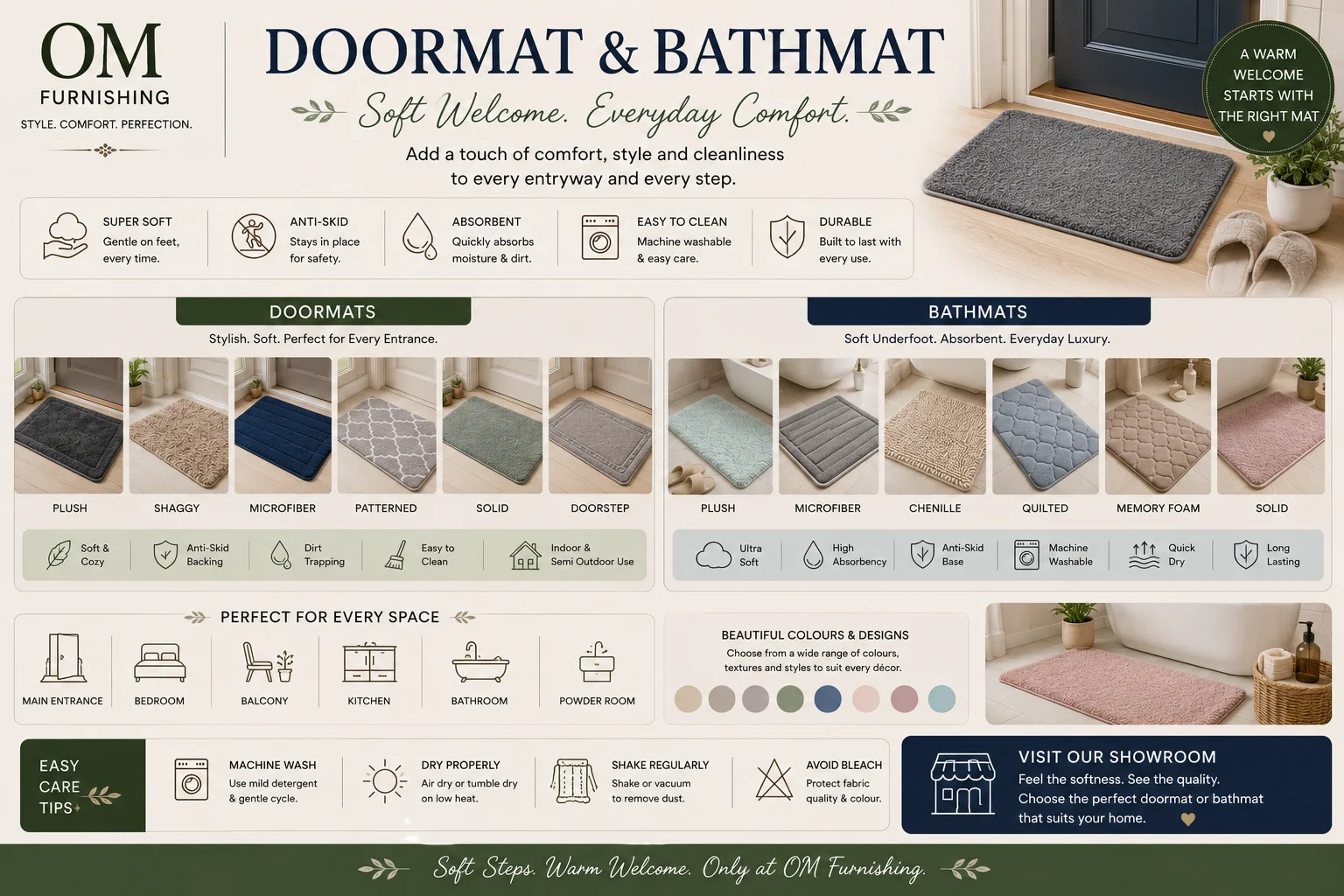 OM Furnishing doormats and bathmats — plush, shaggy, microfiber, patterned, solid doormats and plush, chenille, quilted, memory foam bathmats