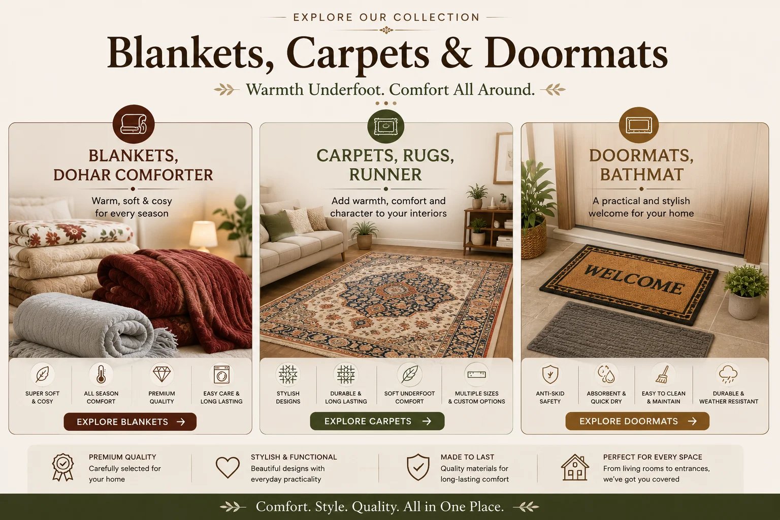 OM Furnishing collection — blankets, carpets, rugs and doormats