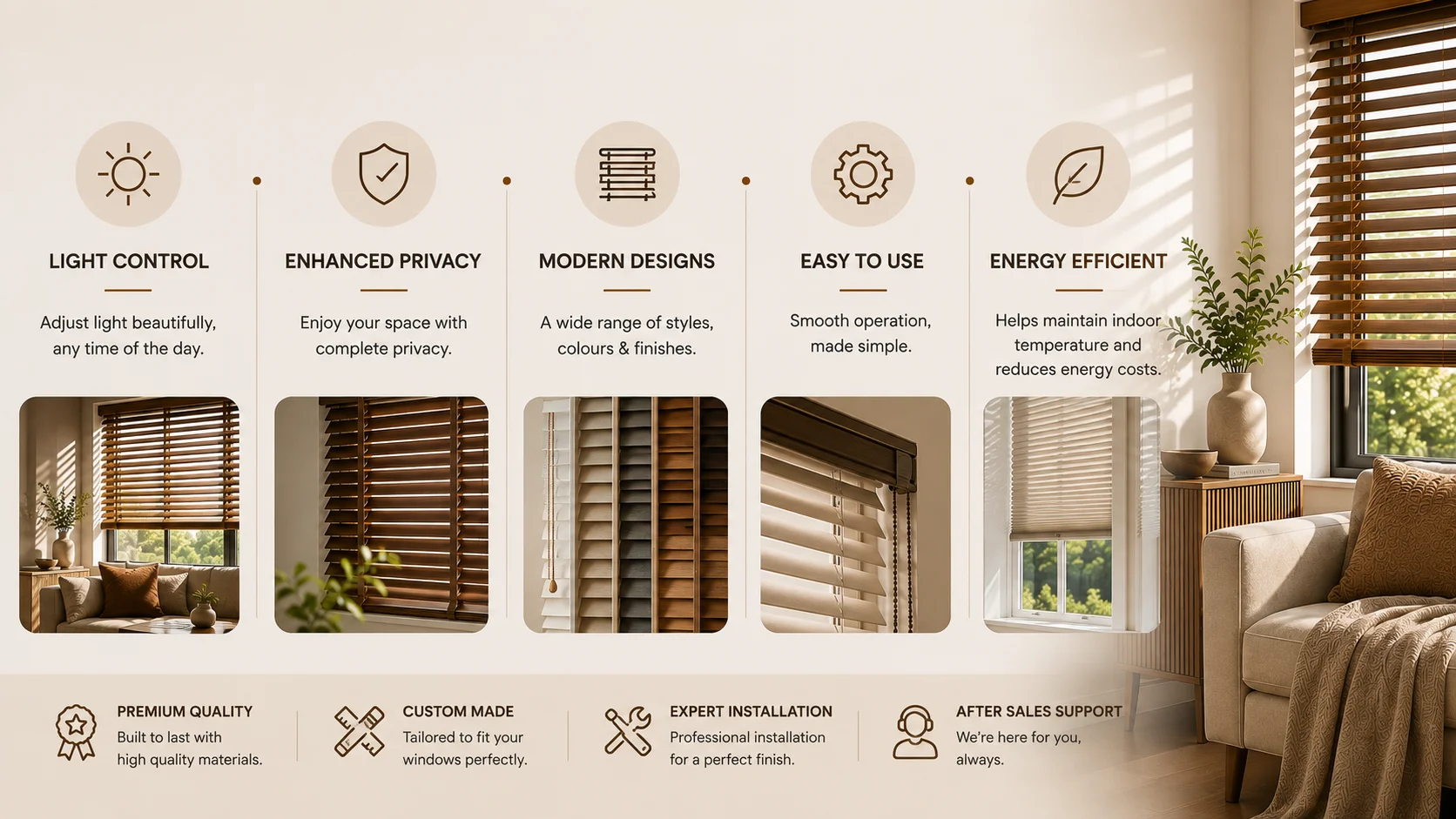 Why choose blinds — light control, enhanced privacy, modern designs, easy to use, energy efficient