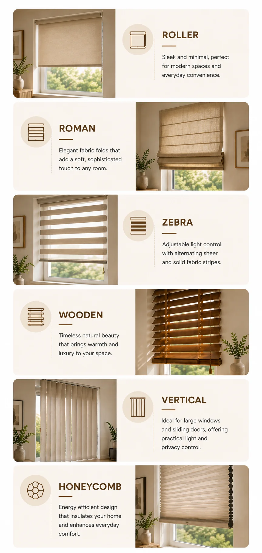 Types of blinds — roller, Roman, Zebra, wooden, vertical and honeycomb blinds explained