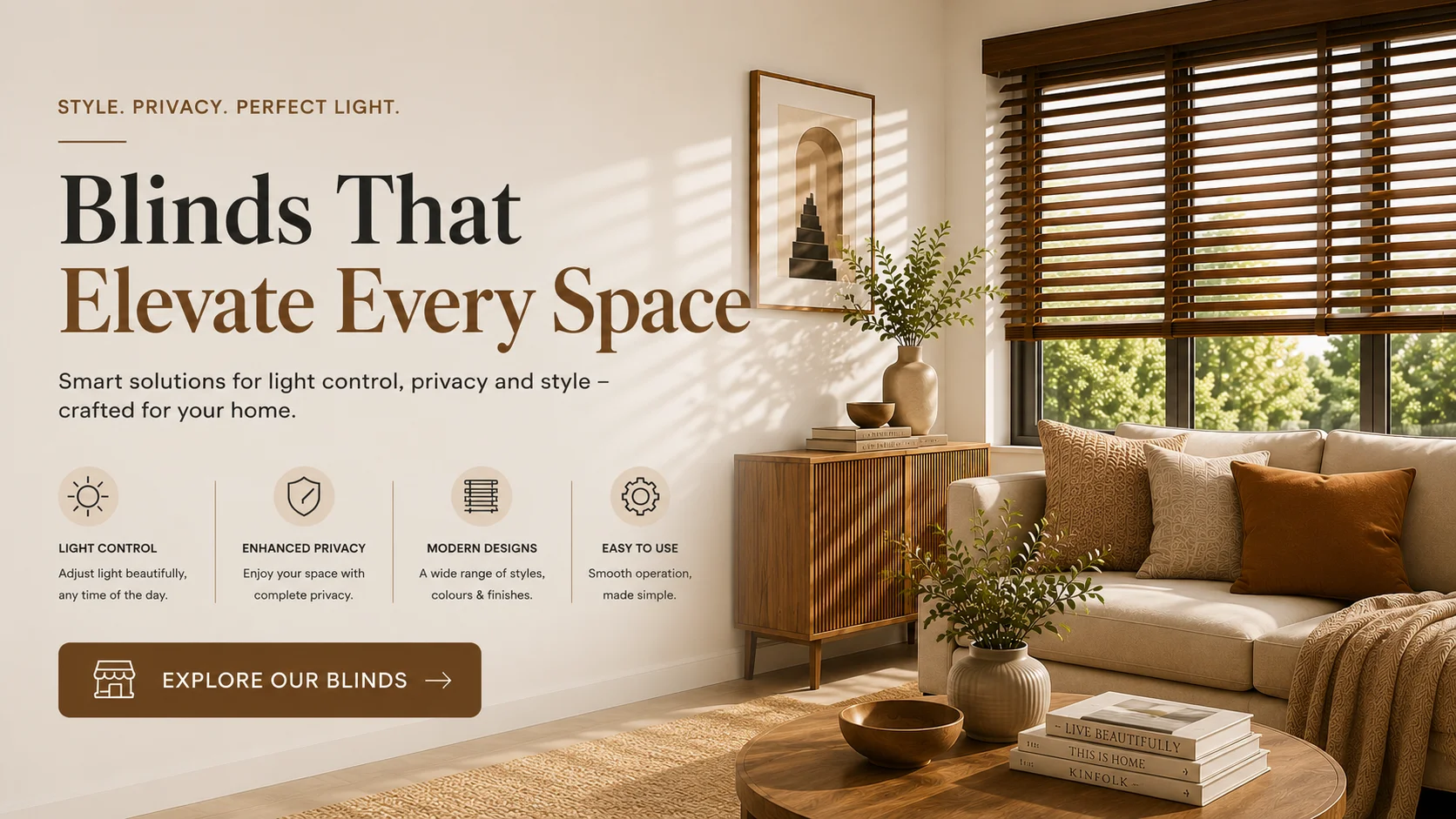 OM Furnishing wooden blinds in a sunlit living room, Kalwar Road Jaipur showroom