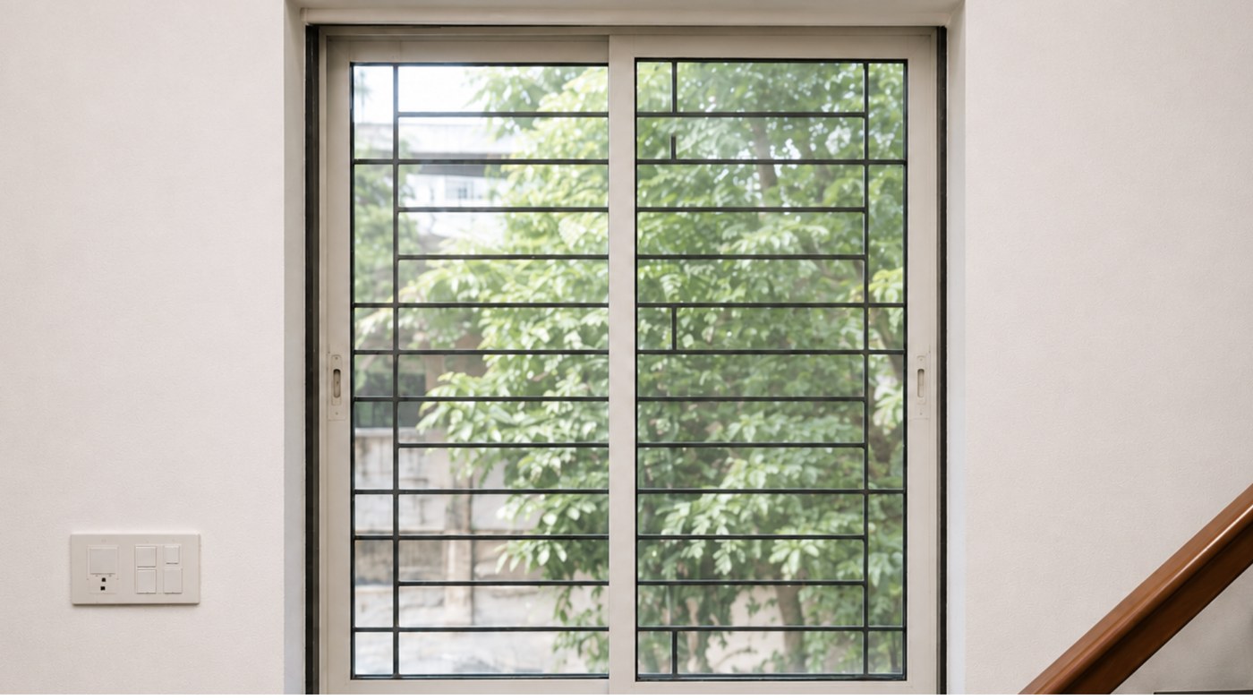 Sliding glass door with bare metal grille, no blind fitted