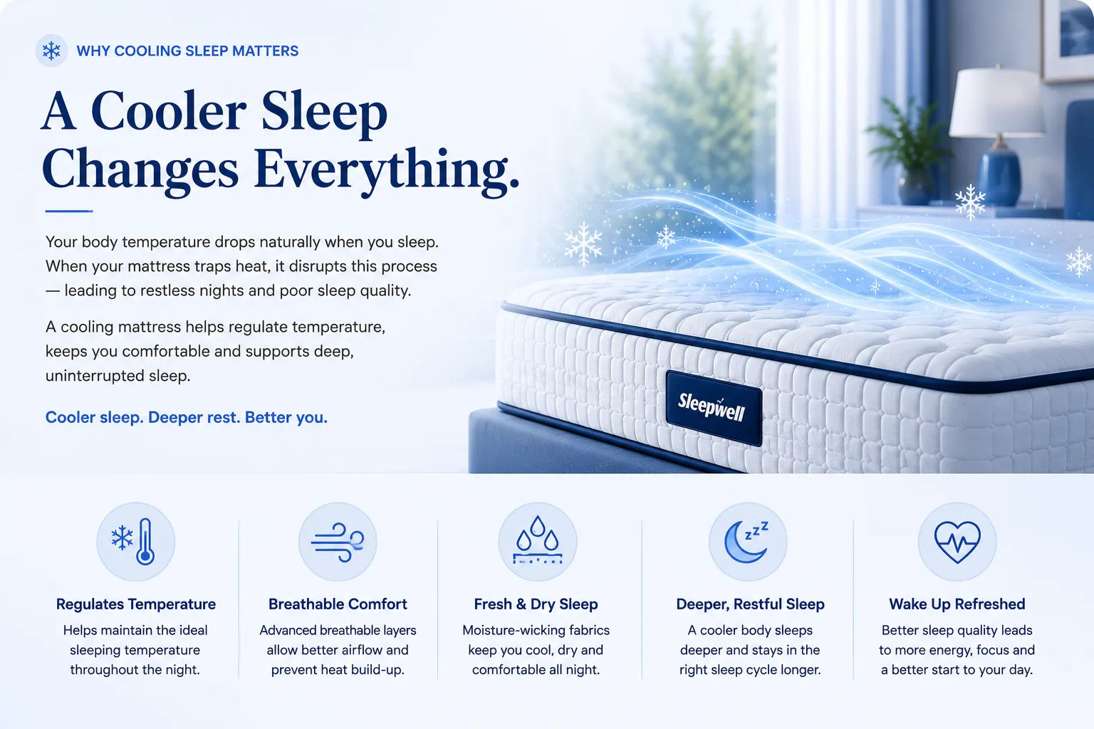 Why cooling sleep matters: temperature regulation, breathable comfort, fresh and dry sleep, deeper restful sleep and waking refreshed