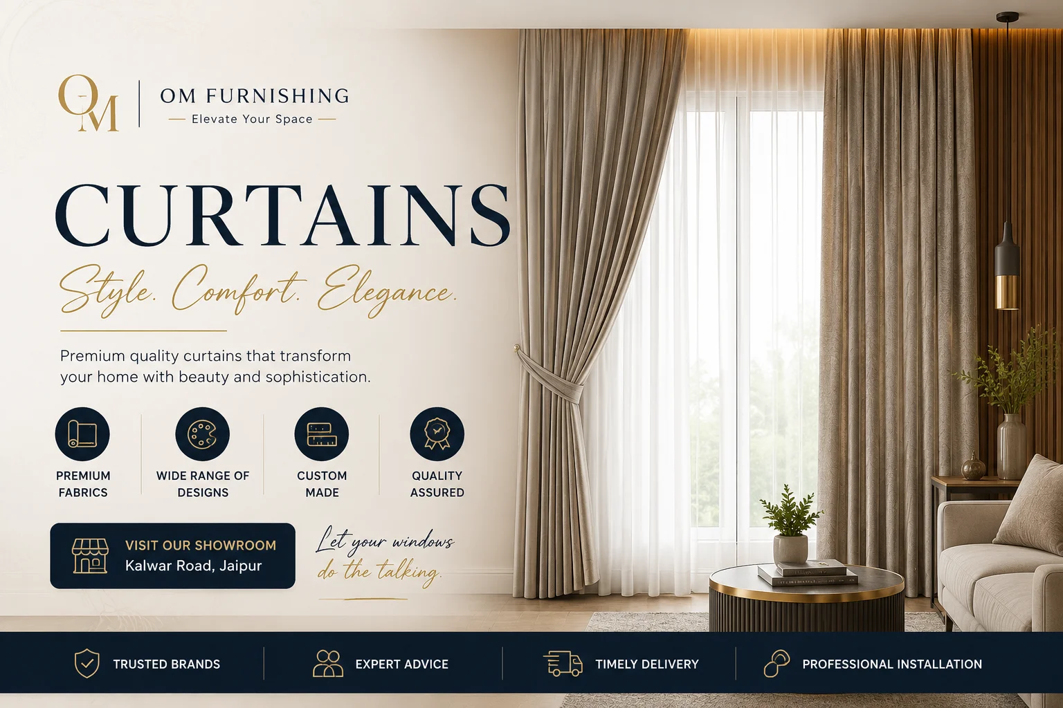 OM Furnishing curtains — beige drapes with sheer layer in a living room, Kalwar Road Jaipur showroom
