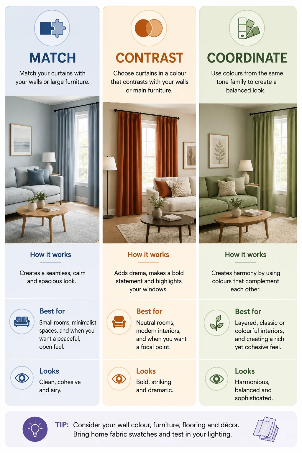 Curtain colour guide — match, contrast and coordinate approaches with best-for room recommendations
