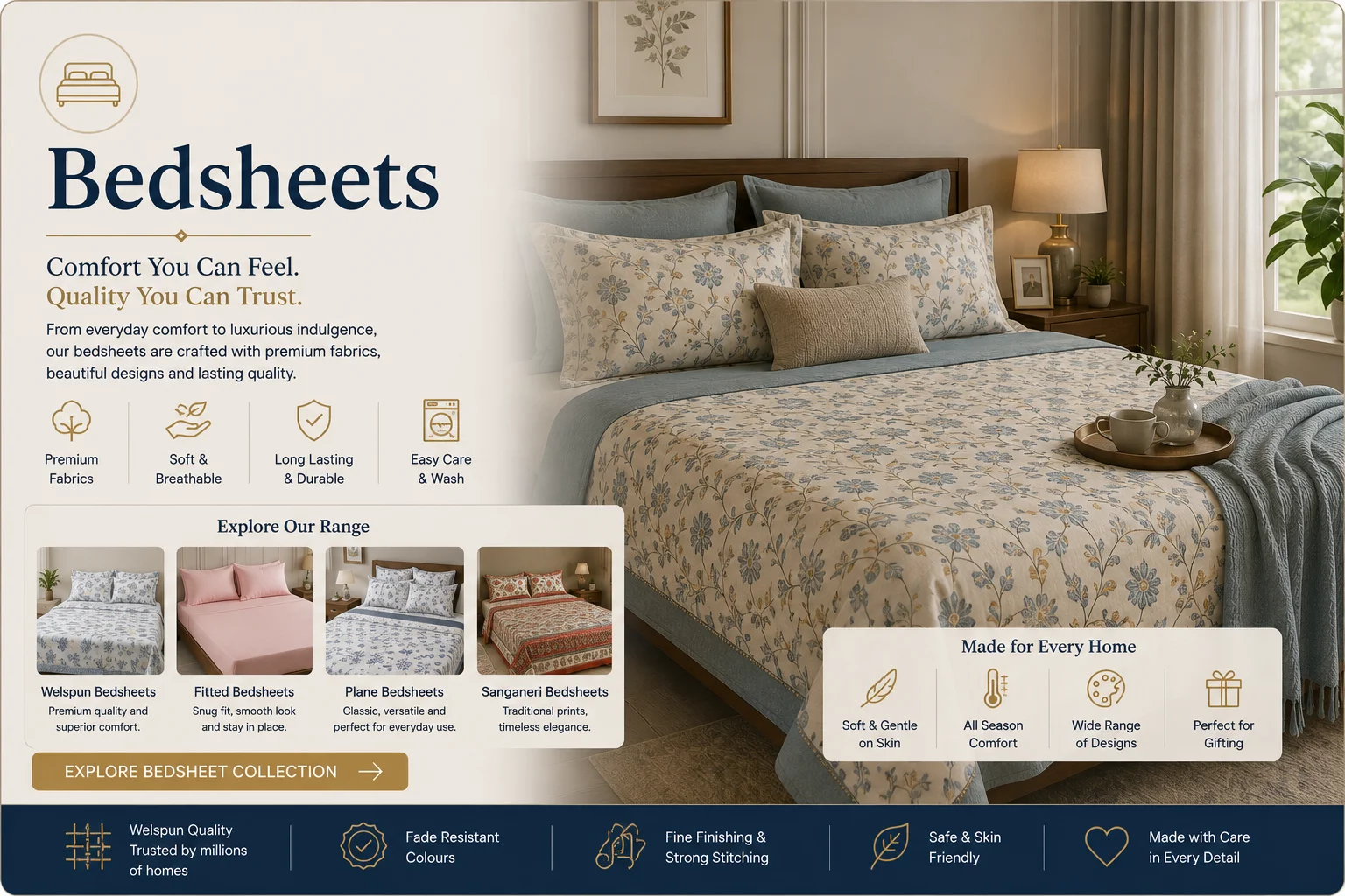 Premium bedsheets — Welspun, fitted, plain and Sanganeri — OM Furnishing Jaipur