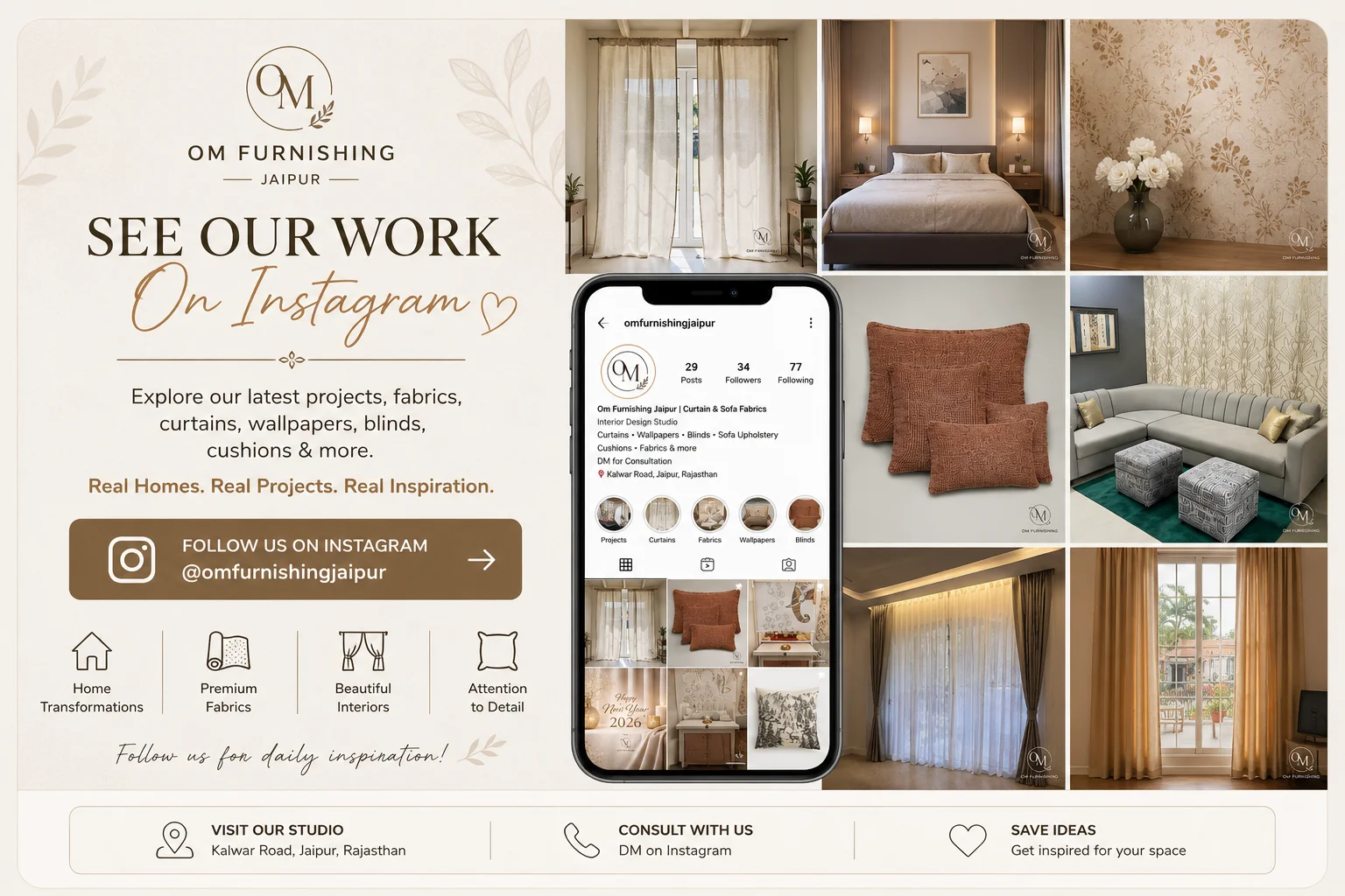 OM Furnishing Jaipur Instagram — curtains, wallpapers, cushions and blinds project photos