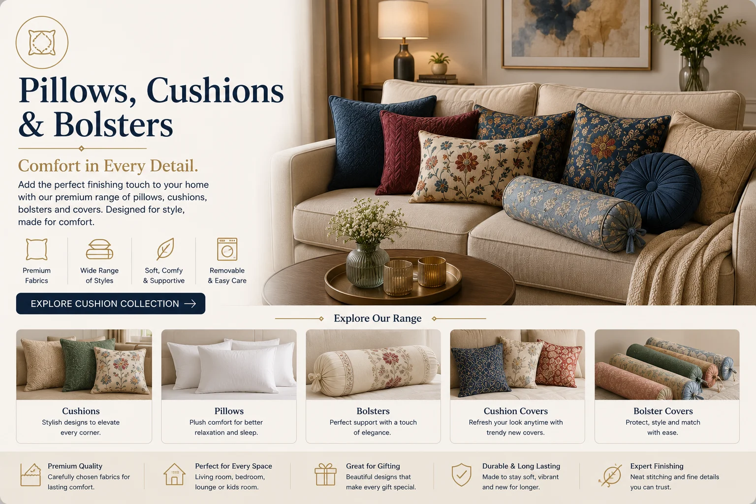 Pillows, cushions, bolsters and covers — OM Furnishing Jaipur