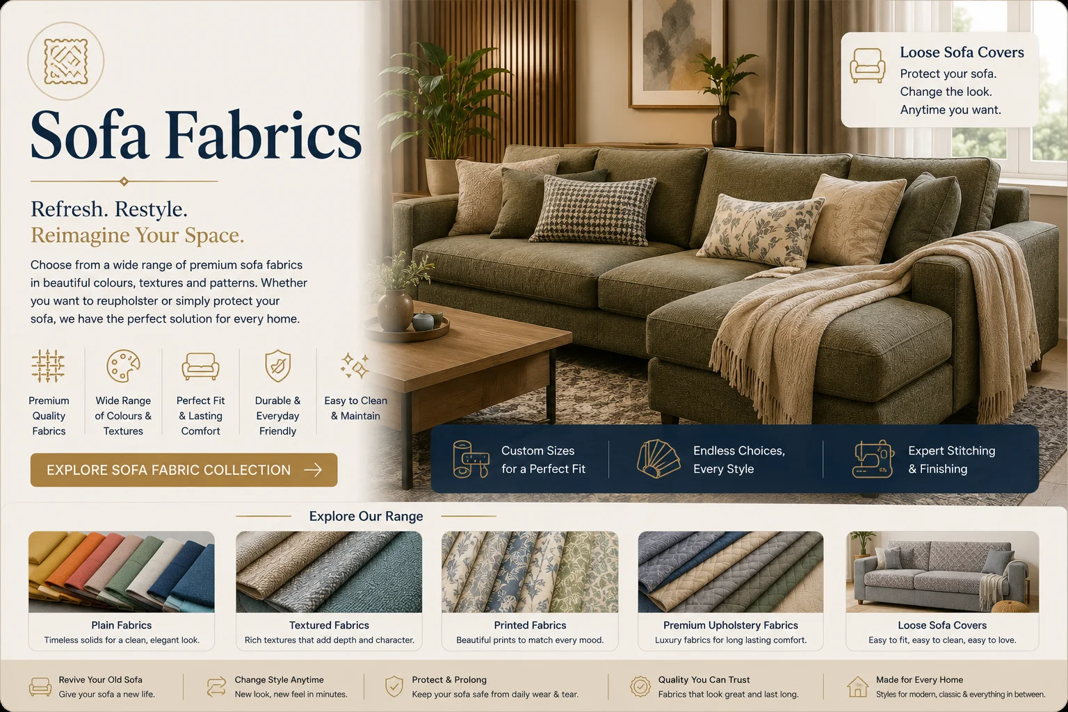 Premium sofa fabrics and loose sofa covers — OM Furnishing Jaipur