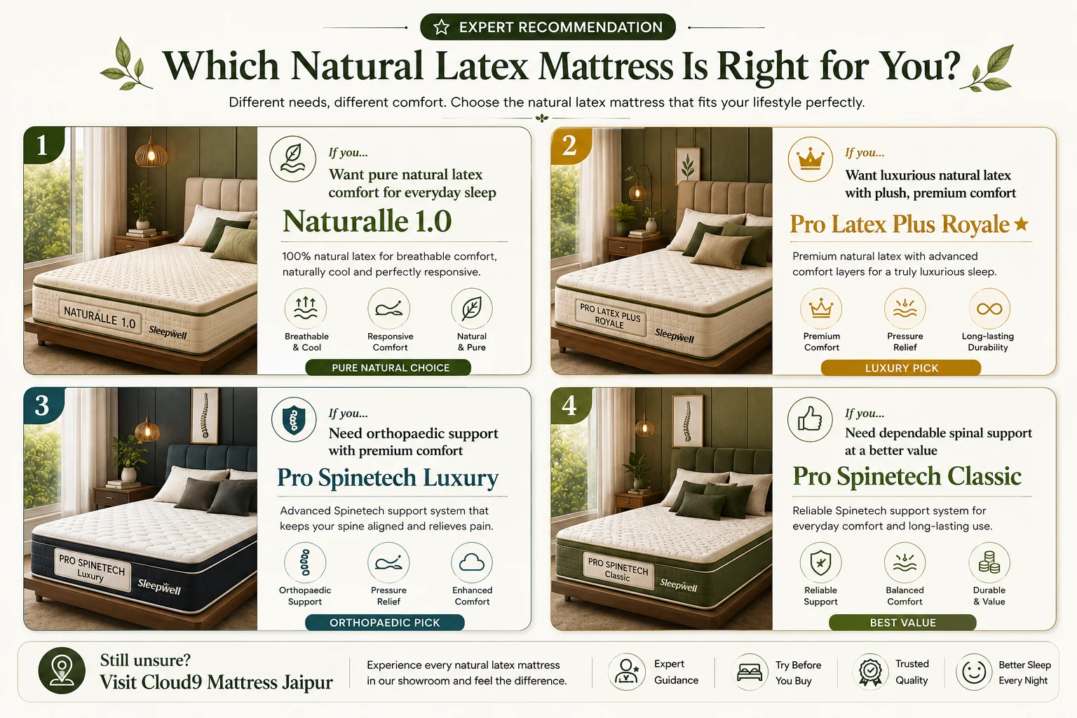 Sleepwell natural latex mattress guide comparing Naturalle 1.0, Pro Latex Plus Royale, Pro Spinetech Luxury and Pro Spinetech Classic