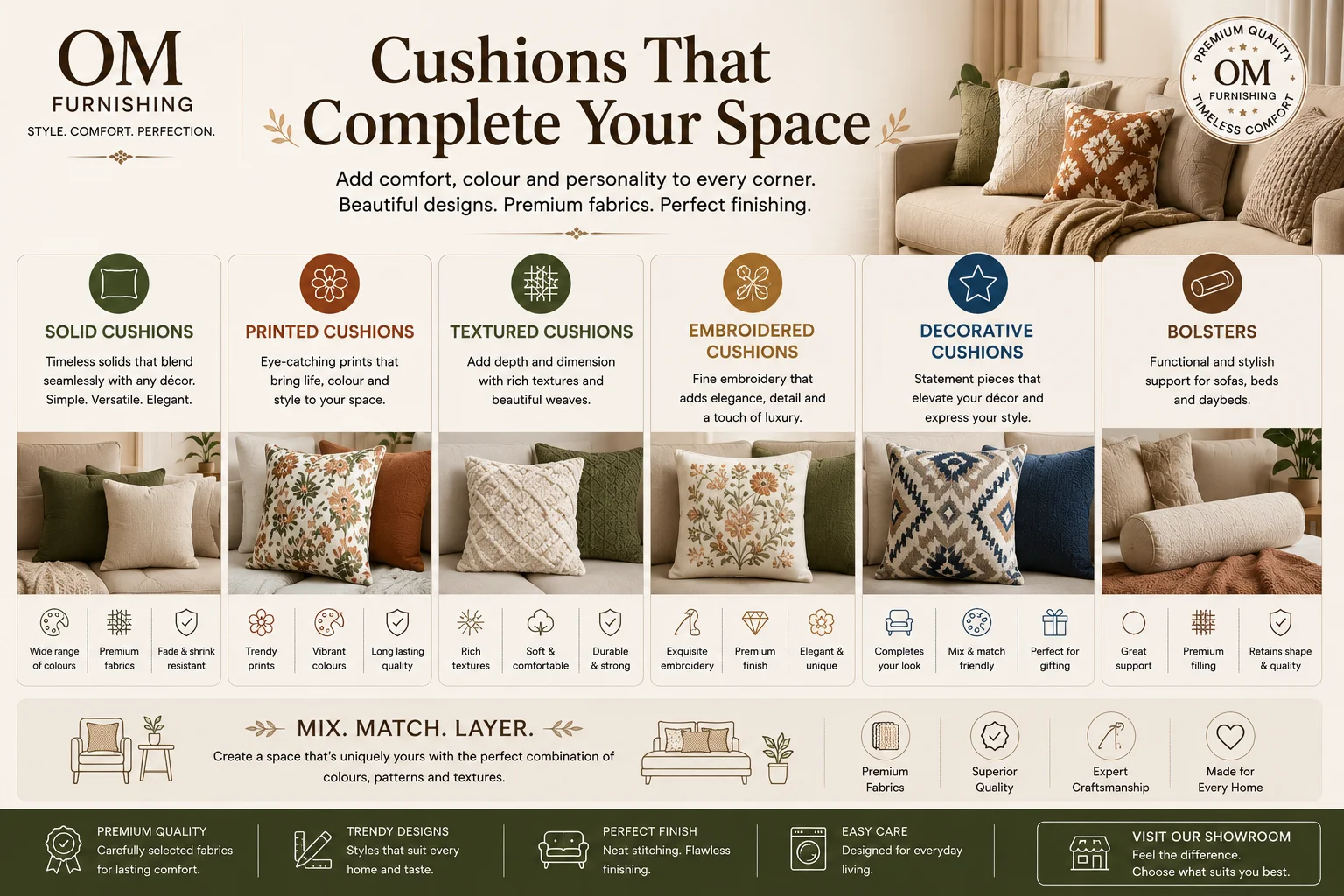 OM Furnishing cushion collection — solid, printed, textured, embroidered, decorative cushions and bolsters