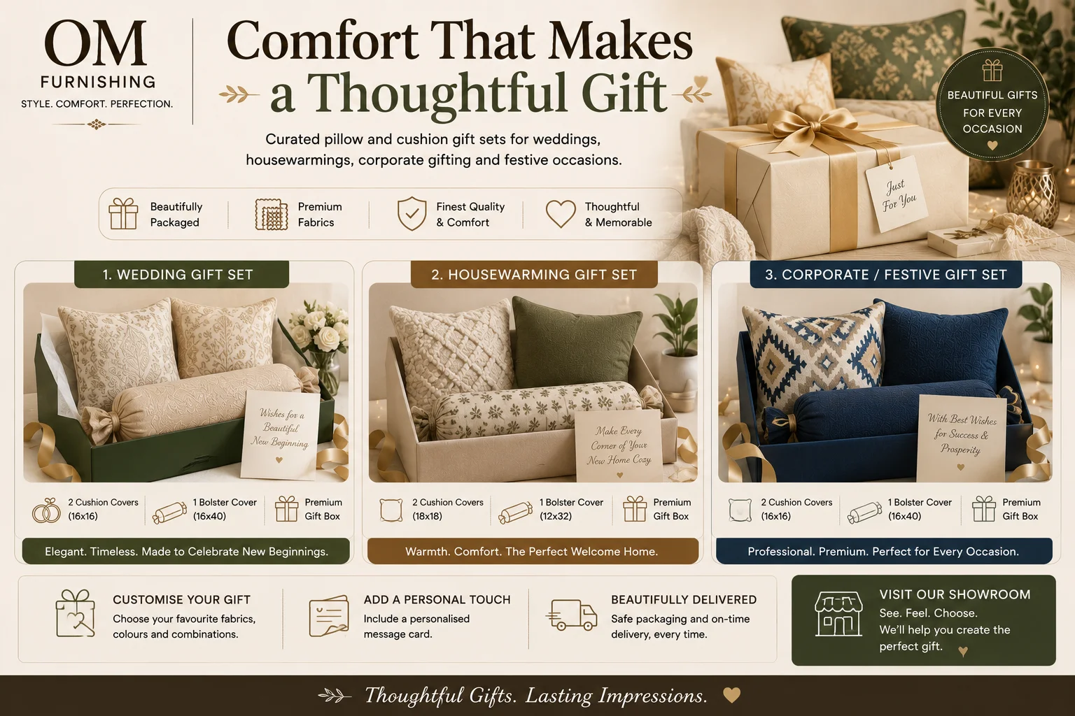 OM Furnishing pillow and cushion gift sets — wedding gift set, housewarming gift set, corporate and festive gift set