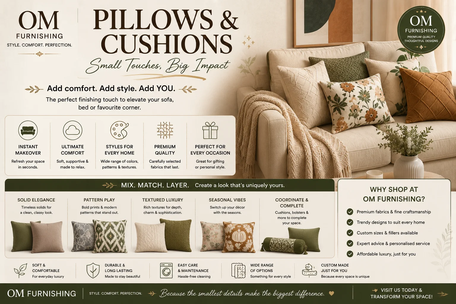 OM Furnishing pillows and cushions on a beige sofa — green, patterned and rust-coloured cushions