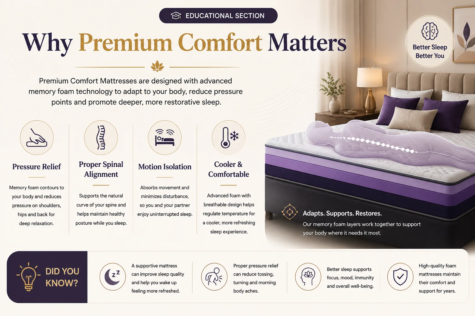 Why premium comfort matters infographic explaining pressure relief, spinal alignment, motion isolation and cooler sleep