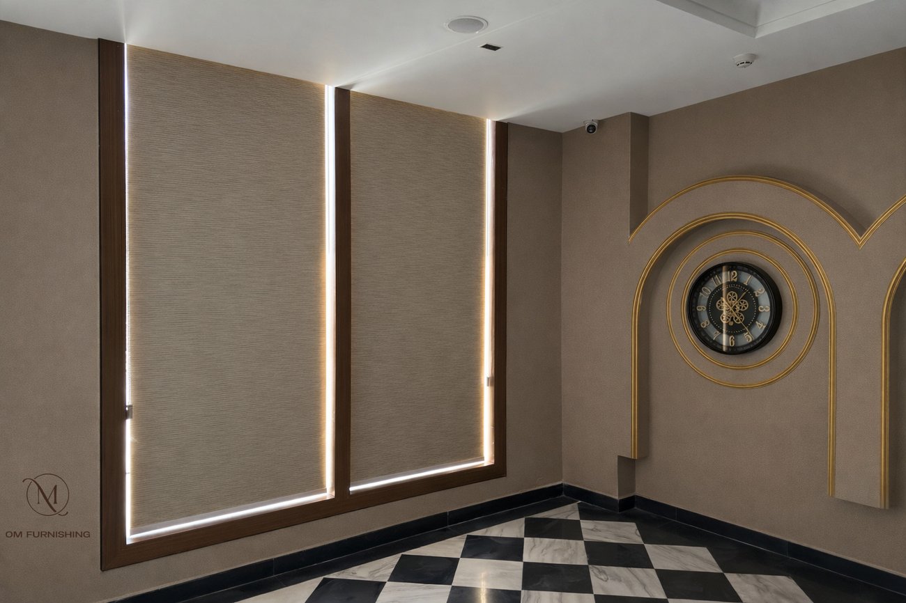 Roller blinds in a hallway with an arched mirror
