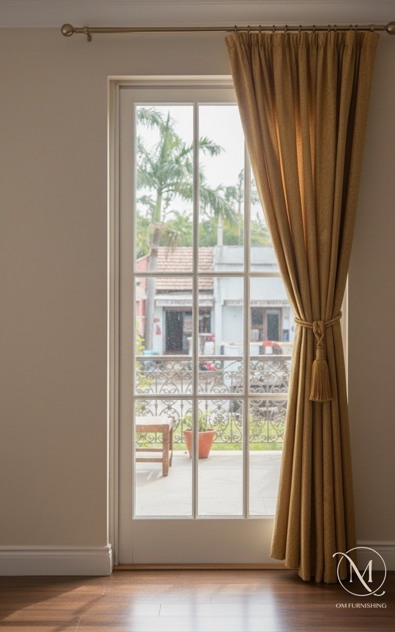 Mustard gold curtains beside a balcony door
