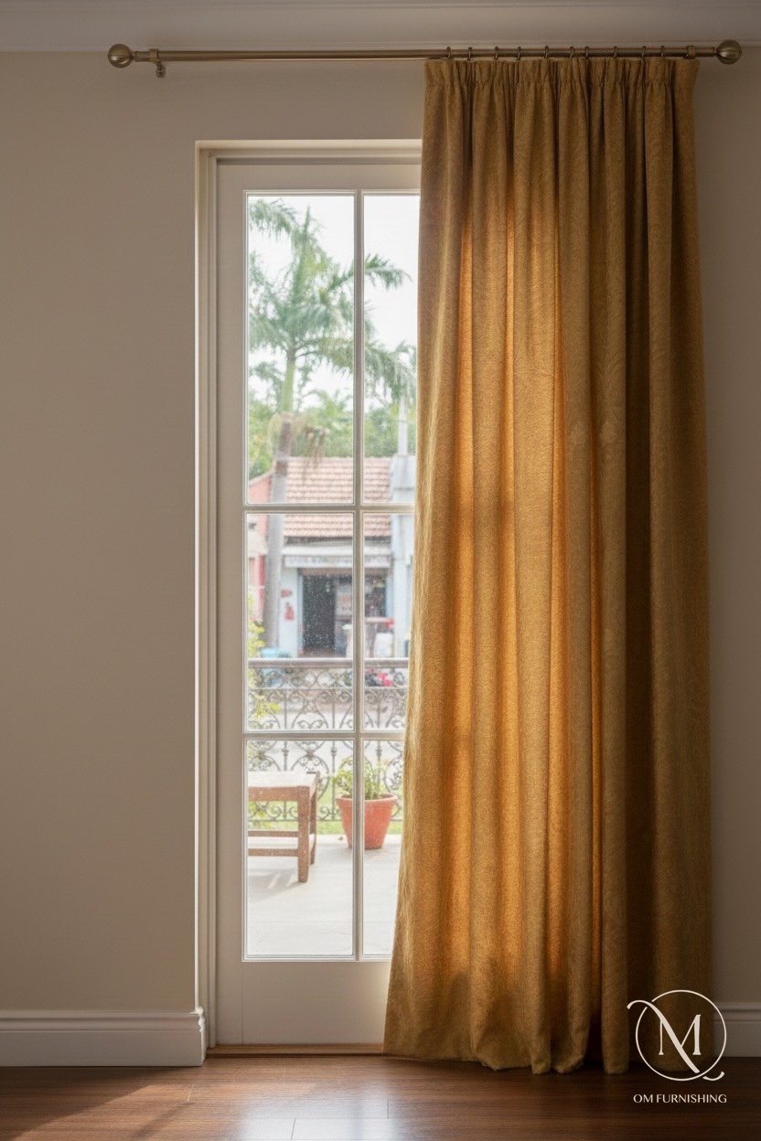 Mustard gold curtains framing a window in a Jaipur home