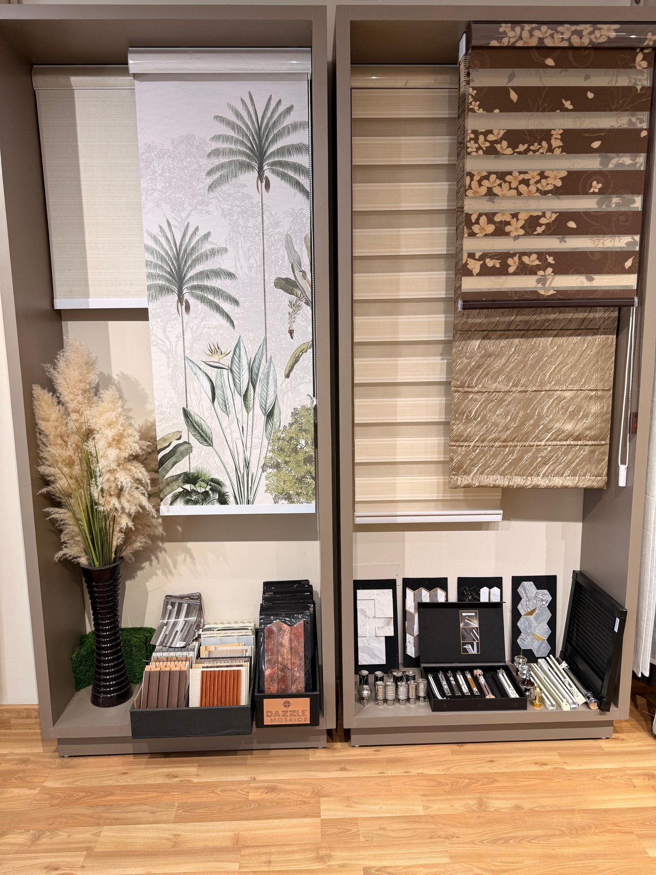 Wallpaper and blinds display units at OM Furnishing showroom
