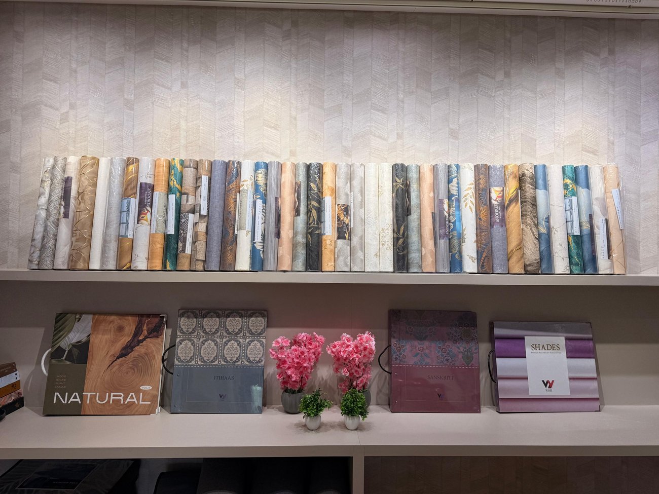 Wallpaper roll display shelf at OM Furnishing showroom