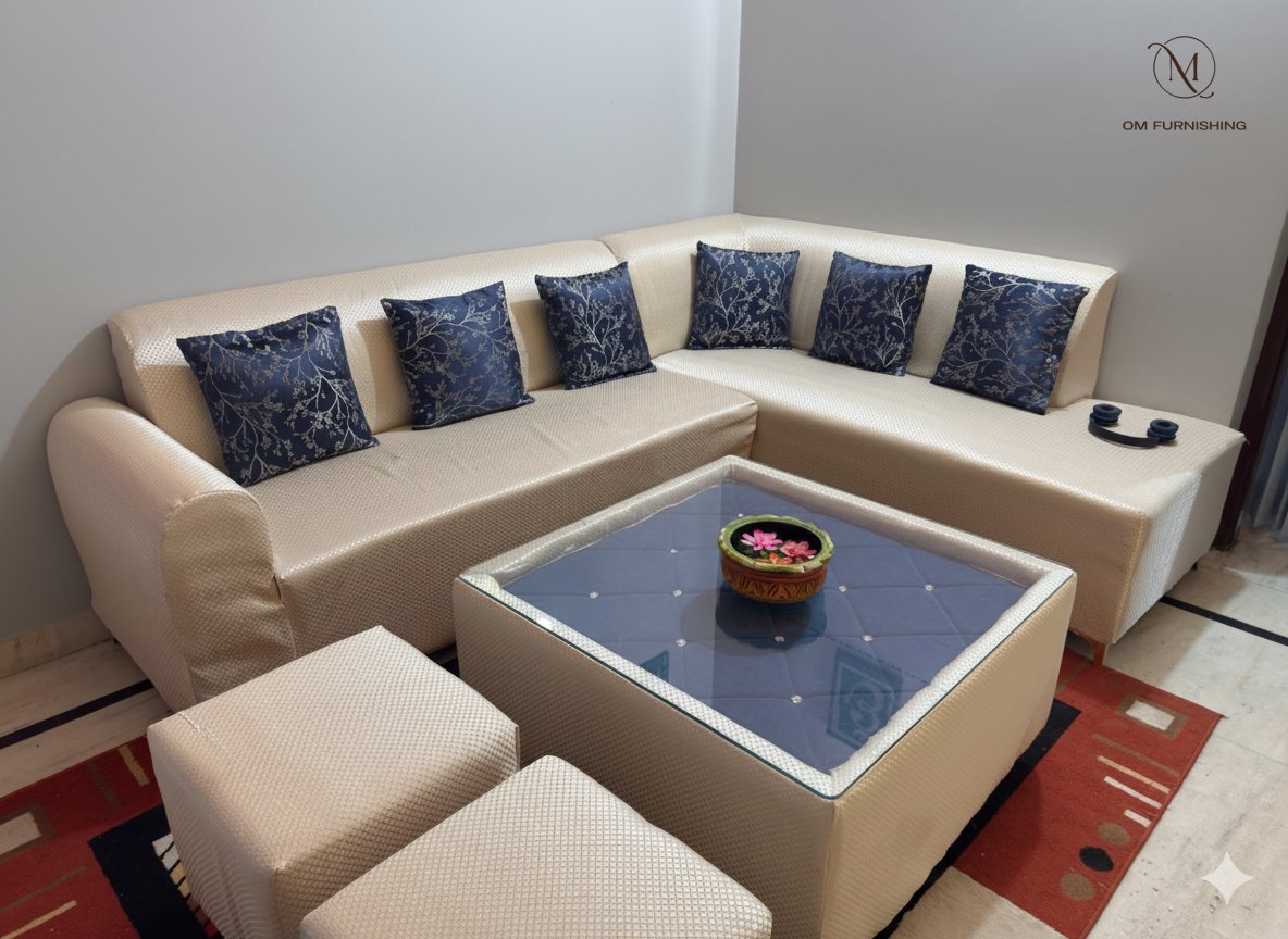 Cream sofa styled with navy blue cushions
