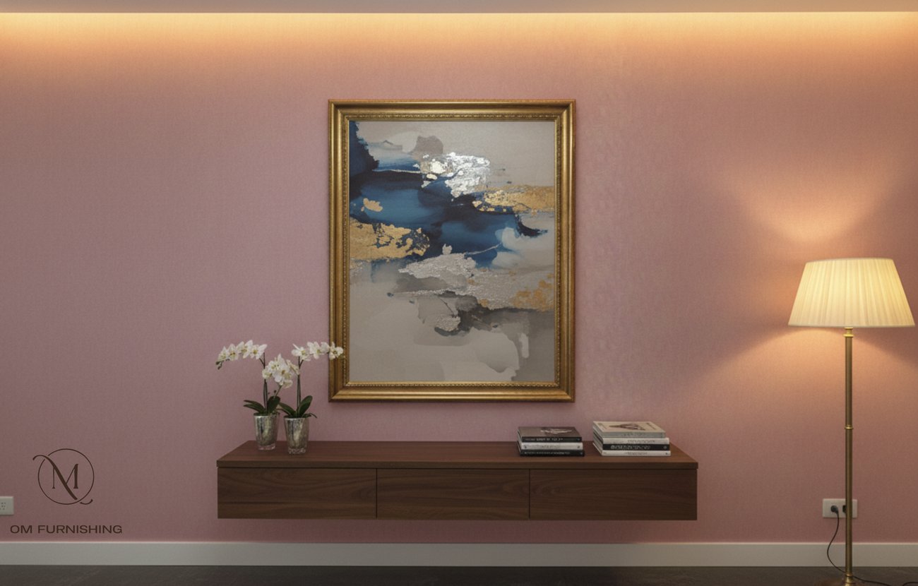 Pink accent wall with framed art and a console table