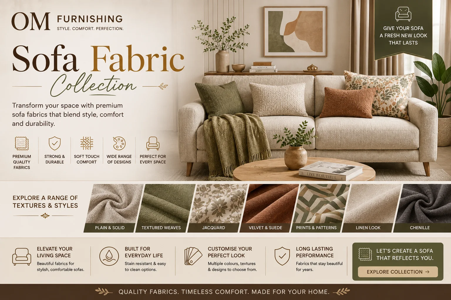 OM Furnishing sofa fabric collection — beige sofa with green, orange and printed cushions