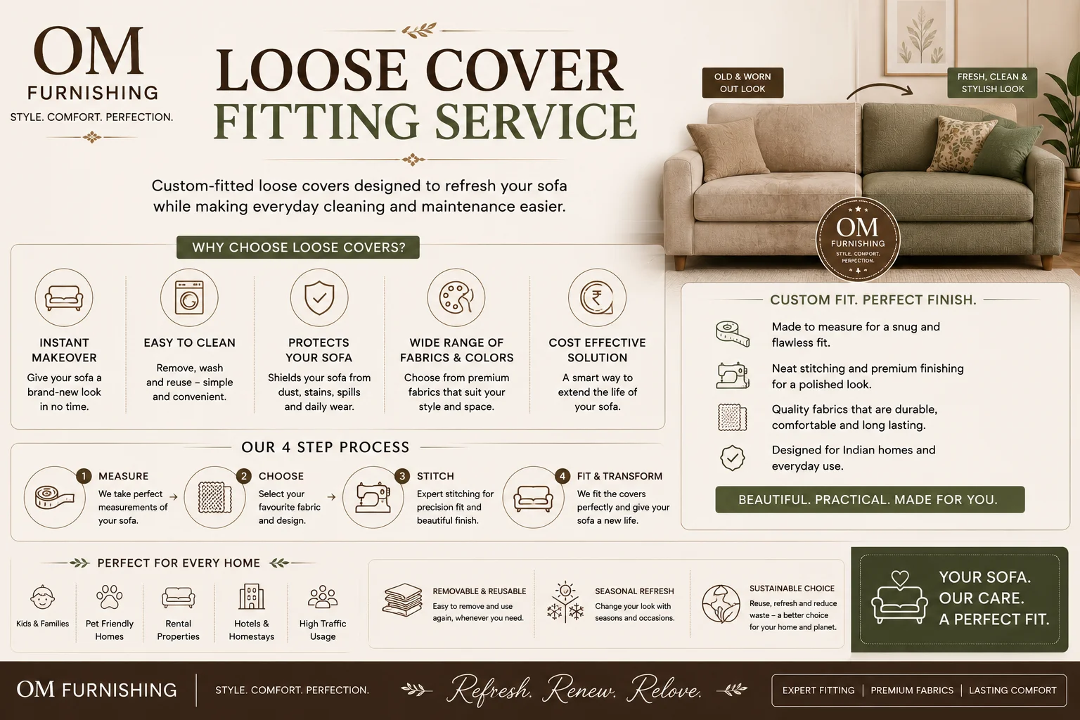 OM Furnishing loose sofa cover fitting service — before and after, four step process: measure, choose, stitch, fit and transform