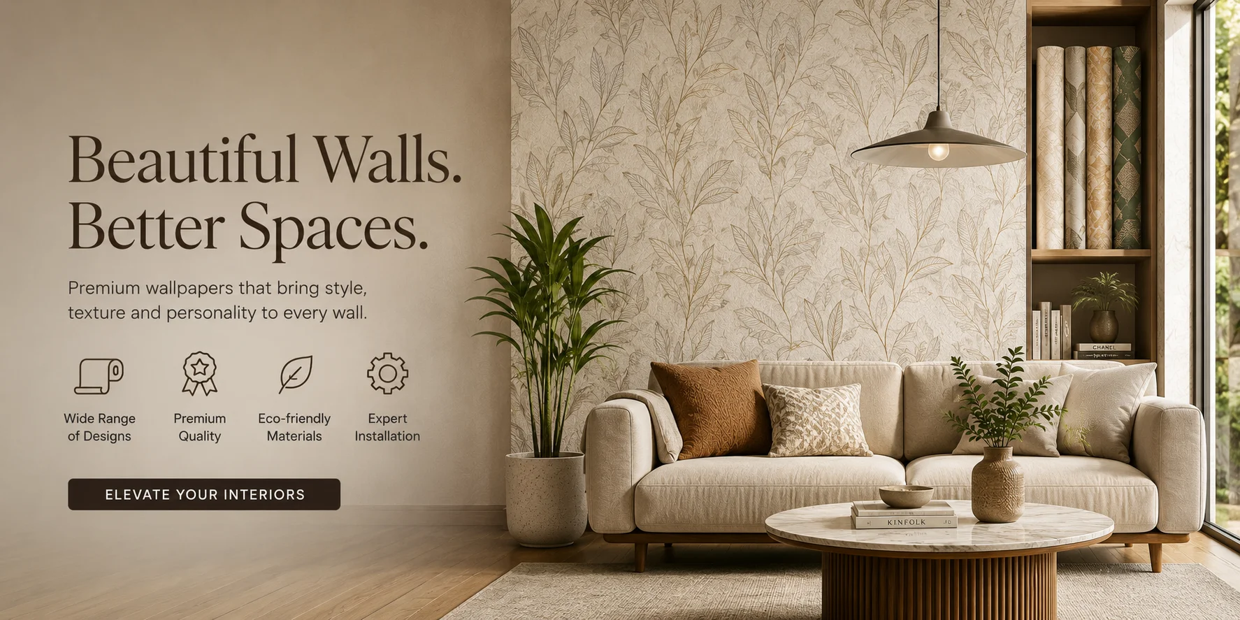 OM Furnishing wallpaper — botanical leaf-print feature wall in a living room, Kalwar Road Jaipur showroom
