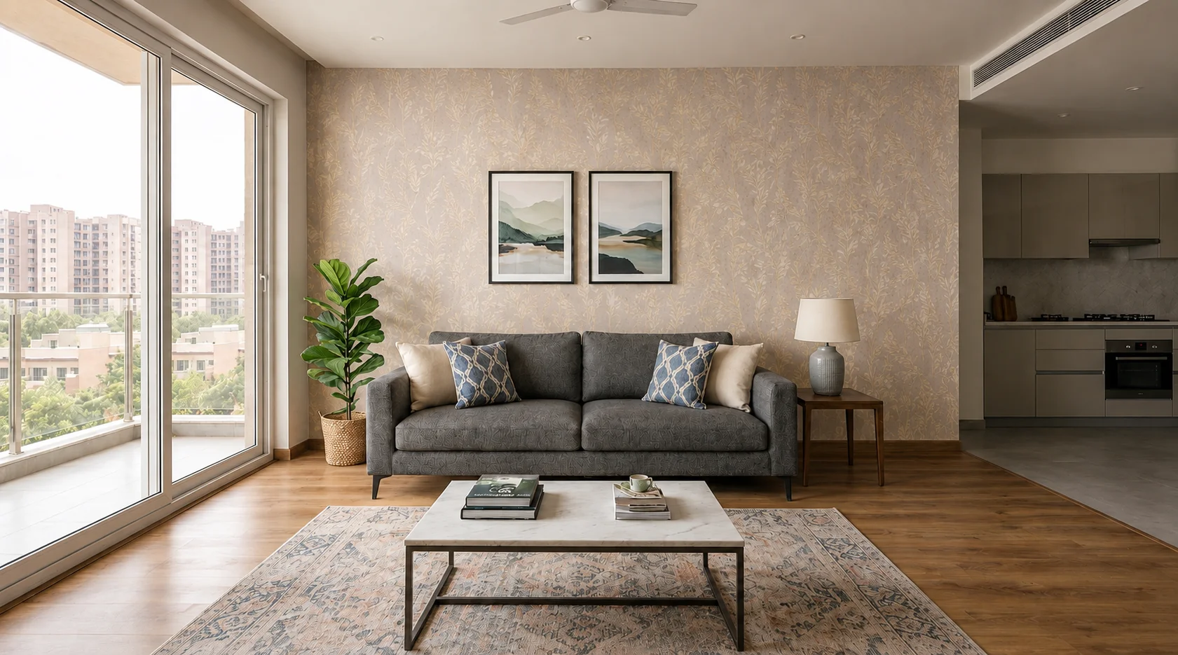 Rendered preview of a floral and bird mural wallpaper design in the same alcove