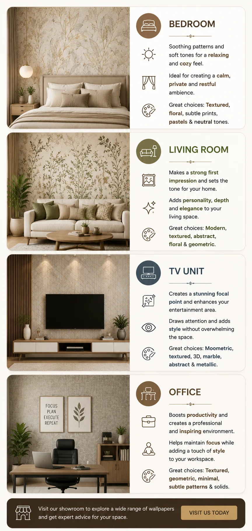 Wallpaper guide by room — bedroom, living room, TV unit and office with great design choices for each