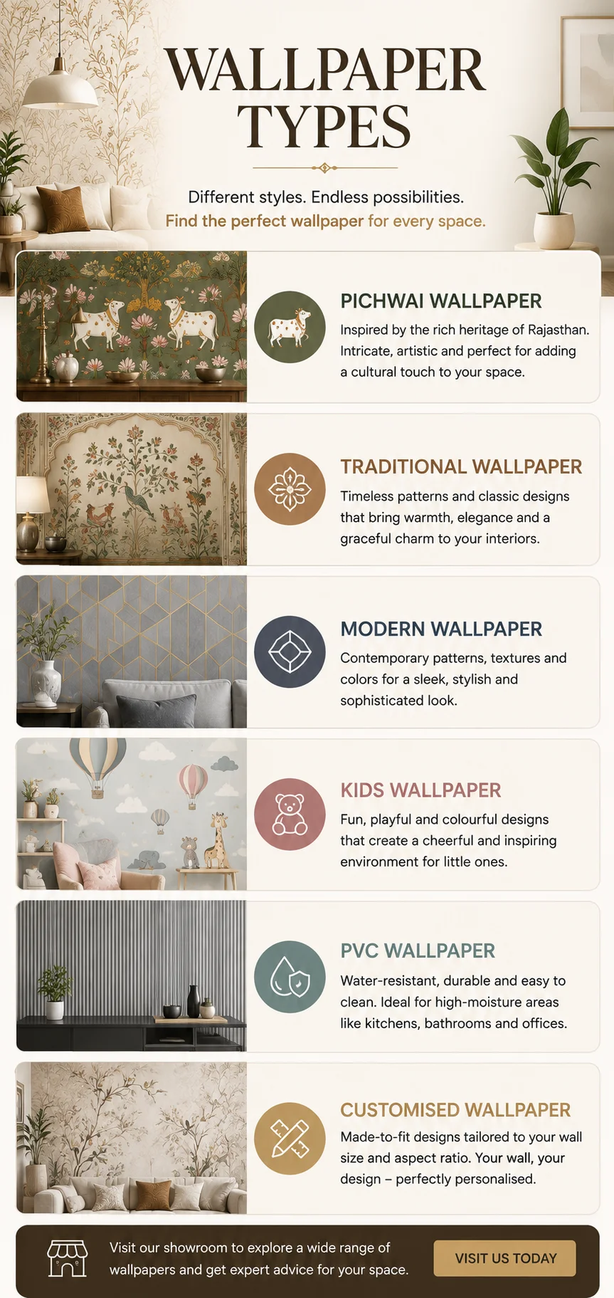 Wallpaper types — Pichwai, traditional, modern, kids, PVC and customised wallpaper