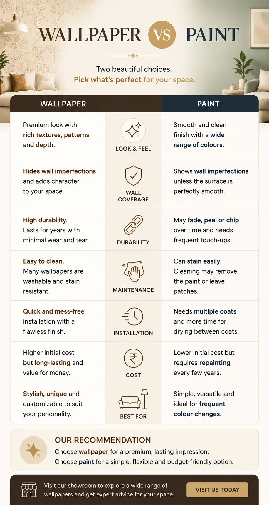 Wallpaper versus paint comparison — look and feel, wall coverage, durability, maintenance, installation, cost and best for